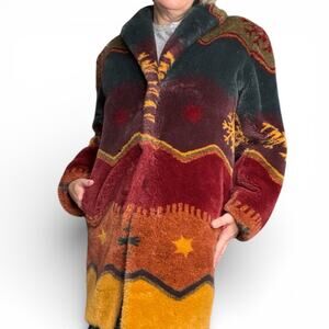 Vintage Not Fur Real Multicolor Faux Fur Snowflake Star Long Coat Oversized XS